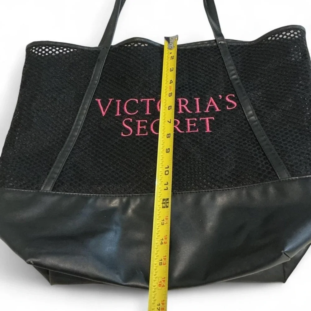 Victoria's Secret Tote Bag Women Large Black Mesh Pink Logo Good Tassel Mesh Bag - Picture 3 of 8